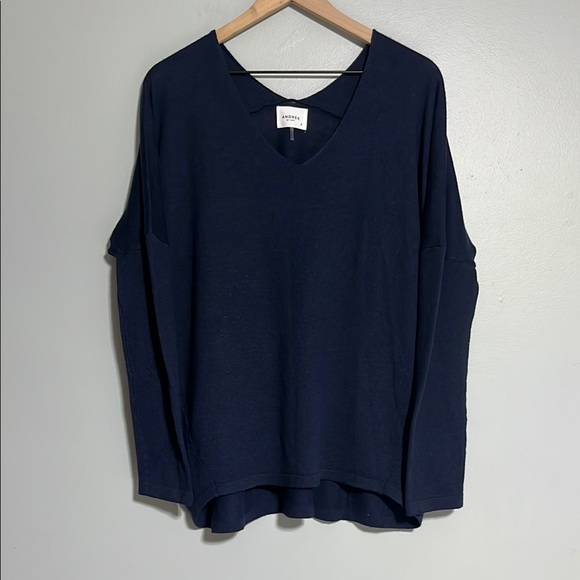 Andree By Unit Wool Blend V Neck Sweater Large Navy Blue Dolman Sleeve Lagenlook - Picture 1 of 6